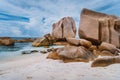 Unique granite rocks at remote Anse Marron beach in La Digue island, Seycheles islands