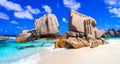 unique granite rocky beach Anse Marron in La Digue island, Seychelles.