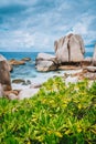 Unique granite rocky beach Anse Marron in La Digue island, Seycheles islands