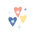 Unique hand drawn hearts. Cute Christmas hearts with snowflakes. Daily planner sticker. Kid nursery icon in pastel color