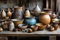 Unique handcrafted pottery displayed on a rustic wooden table in an artisan workshop Royalty Free Stock Photo