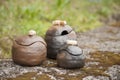 Closeup of unique handmade three pots Royalty Free Stock Photo