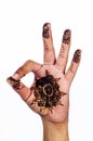 Unique henna tattoo on white background ok sign medallion design