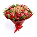 Unique homemade edible bouquet consisting of red fruits and flowers as a gift isolated on white background Royalty Free Stock Photo