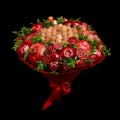 Unique homemade edible bouquet consisting of red fruits and flowers isolated on black background