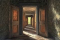 Unique house structure featuring numerous doors leading into an unseen void in a highly detailed setting Royalty Free Stock Photo