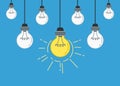 Unique idea. Hanging light bulbs with one glowing and shine. Working solution concept flat vector Illustration