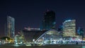 Unique illuminated skyscraper timelapse in famous financial and business district of Paris - La Defense. Royalty Free Stock Photo