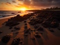 Volcanic Beach Sunset - Lava Rocks, Golden Sands & Fiery Sky Royalty Free Stock Photo