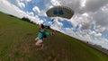 Unique images of a parachutist making selfie.