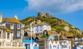 The unique and individual buildings of Hastings old town dominated by the east cliff and funicular railway