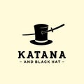 Unique katana and black hat logo design vector. universal piercing katana sword on black cylinder hat brand template illustration