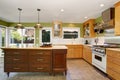 Unique kitchen with green walls, and island.