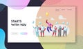 Unique Landing Page Template. Man in Colorful Rainbow Clothes Flying on Yellow Balloon above Crowd of Identical People