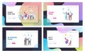 Unique Landing Page Template Set. Male Character in Colorful Rainbow Clothes Flying on Balloon Outstanding Individuality