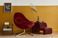 Unique living room in modern style interior with mock up poster frame, design red velvet armchair, elegant furniture, decoration Royalty Free Stock Photo