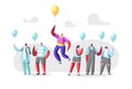 Unique Male Character in Colorful Rainbow Clothes Flying on Yellow Balloon above Crowd of People in Identical Shirts