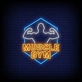 Muscle Gym logo Neon Signs Style Text Vector Royalty Free Stock Photo