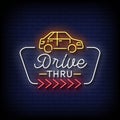 Neon Sign drive thru with Brick Wall Background Vector Royalty Free Stock Photo