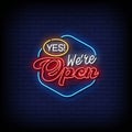 neon sign we are open with brick wall background vector illustration Royalty Free Stock Photo