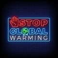 Neon Sign stop global warming with brick wall background vector