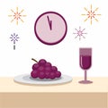 Unique new year tradition in spain grape with wine flat illustration editable vector