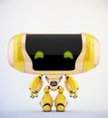 Friendly orange robot toy with digital eyes, 3d rendering