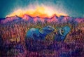 Unique painting Two elephants in the savannah on a sunset background