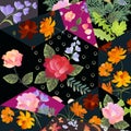 Unique patchwork pattern with cosmos, rose, daisy and bell flowers