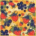 ripe strawberries and blueberries on a bright yellow background.