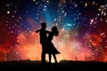 Unique people dancing silhouettes with firework background.by Generative AI.