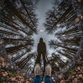 Reflection of a Lone Hiker in a Forest Puddle Royalty Free Stock Photo