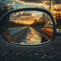 view of a car mirror whilst driving on the road, a reflection of a damp road, during sunset, generative ai