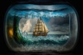 View of a sailing vessel in the ocean through a periscope Royalty Free Stock Photo