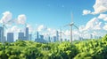 A unique perspective of a turbine farm in the heart of a bustling metropolis showcasing the potential for renewable