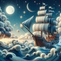 A unique pirates ship on a whimsical sea, with moonlit, starry sky, fluffy clouds, fantasy realistic, cartoon, gently waves