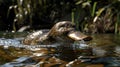 Unique platypus swimming in stream, detailed low angle shot with duck bill and webbed feet
