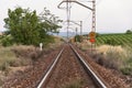 Unique railroad line at the sunset. Train railway track . Low clouds over the railroad