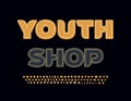 Vector bright Signboard Youth Shop. Stylish Denim Font. Jeans Alphabet Letters and Numbers set Royalty Free Stock Photo