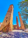 Unique medieval Italian towers in centerof Pavia city Royalty Free Stock Photo