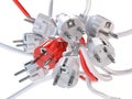 Unique red electric plug in the heap of a white plugs. Leadership, competition, unique and unicity concept