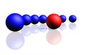 Unique red sphere with a row of dark blue spheres Royalty Free Stock Photo