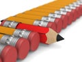Unique red wooden pencil with eraser standing out from the orange crowd on white background. Isolated 3D illustration Royalty Free Stock Photo
