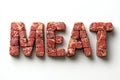 Unique representation of the word meat created with various slabs of beef chunks Royalty Free Stock Photo