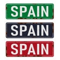 Unique retro tin sign collection of Spain. Vintage vector souvenir sign or postcard templates. Travel theme. Places to