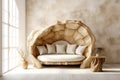 Unique rustic sofa made from solid wood tree trunk and stump coffee table. Interior design of modern living room with beige stucco