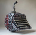 Hand grenade sculpture made of keyboard keys with industrial pipe details Royalty Free Stock Photo