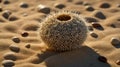 Sea Urchin Shell on Sandy Beach with Scattered Stones, a Coastal Serenity Royalty Free Stock Photo
