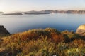 Unique sea view  to volcano island Nea Kameni, Caldera, Fira and Imerovigli,before sunset, Santorini, G Royalty Free Stock Photo