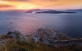 Unique sea view  to volcano island Nea Kameni at sunset,   Santorini, Greece Royalty Free Stock Photo